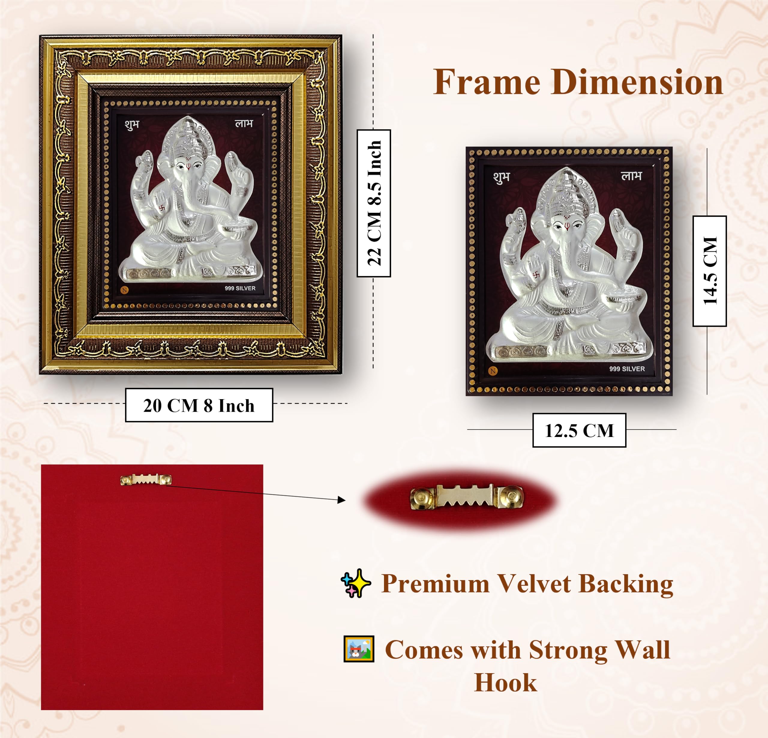 Artsmine 999 Silver Ganesh Rectangular Frame | Pooja Room Diwali Corporate Gift | Size H*L - 22 * 20 Cm | Wall Mount Ganesh Phot